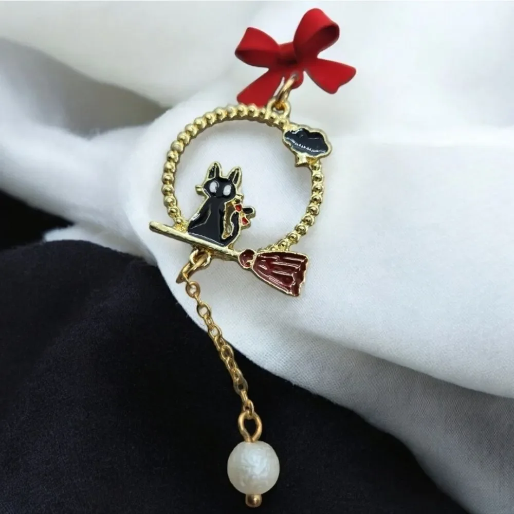 Kiki’s Delivery Service Cute Pearl Earrings Jiji Black Cat Witch Broom Red Bows
